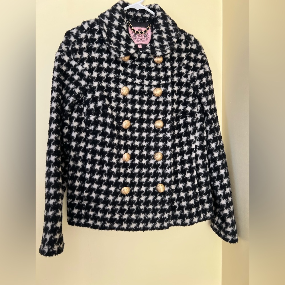 Juicy Couture Black and White Coat Jacket with Gold Chain Detail